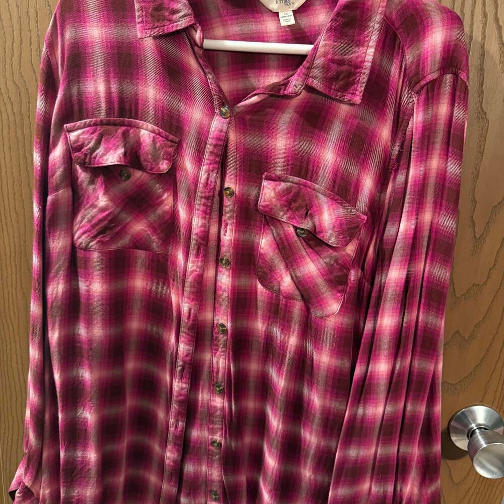 Terra & Sky Women's Pink Plaid Flannel Button-Down Shirt Size 1X